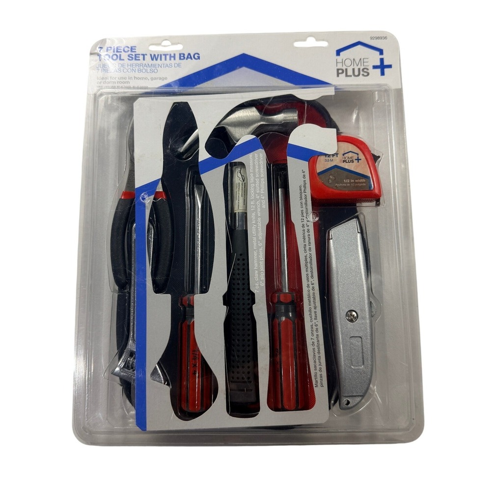 Home Plus 7 Piece Tool Set with Bag 9298936 Red Black Basic Home Kit New